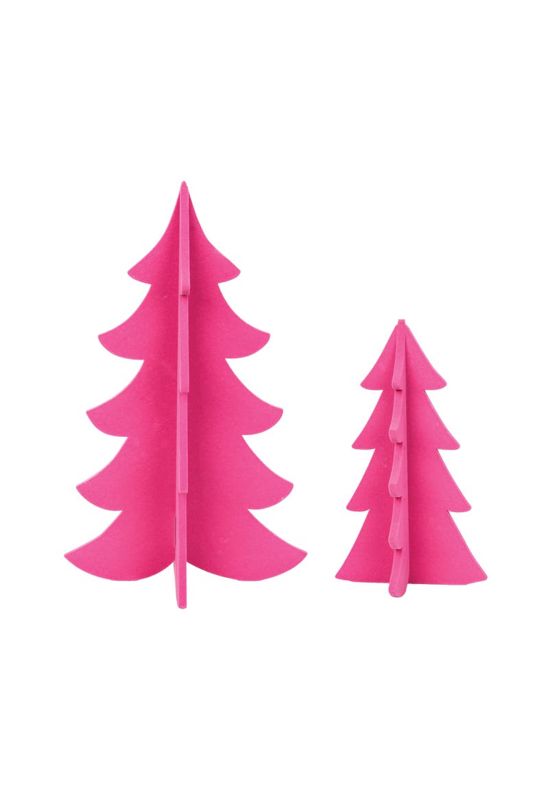 Flocked Pink Wooden Christmas Tree Set of 2 Figurines, Main, color, Pink