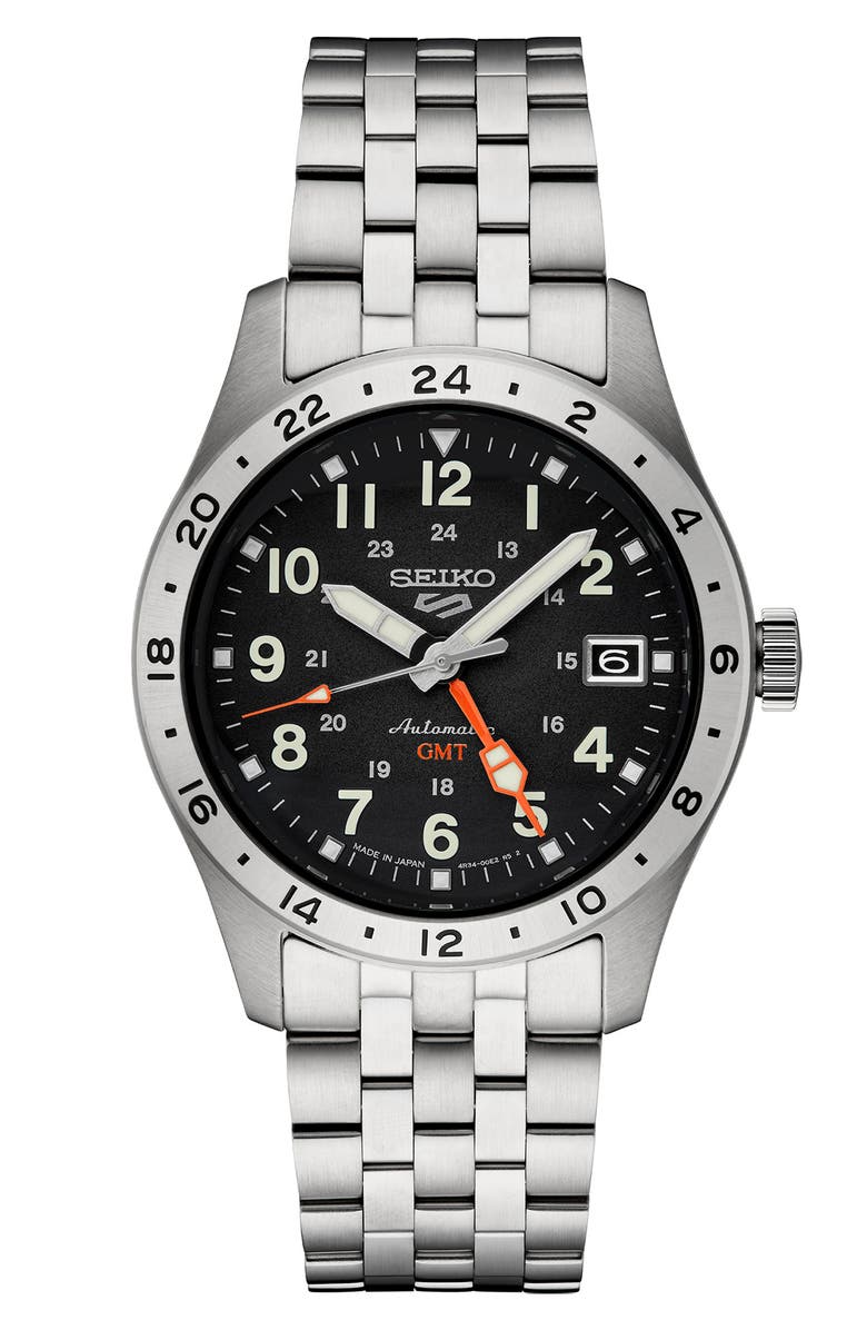 SEIKO WATCHES 5 Sports Automatic GMT Bracelet Watch, 42.5mm, Main, color, Black