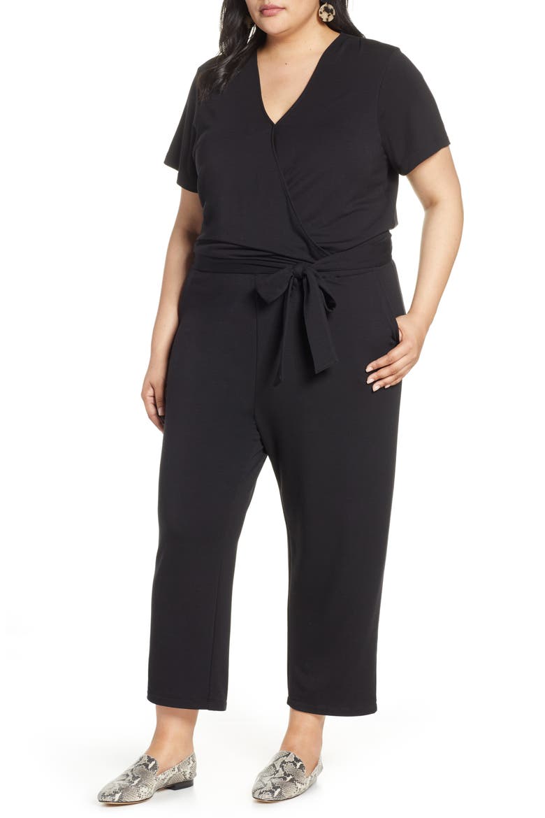 Faux Wrap Knit Jumpsuit, Main, color, BLACK