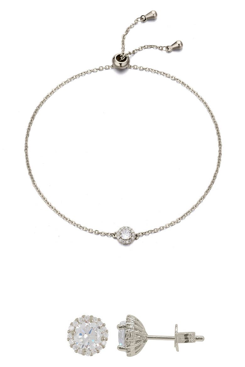 Halo Stud Earrings & Slider Bracelet Set, Main, color, SILVER