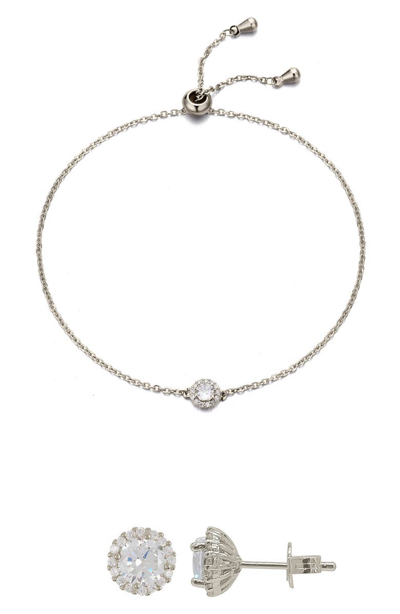 Adornia Halo Stud Earrings & Slider Bracelet Set, Main, color, Silver