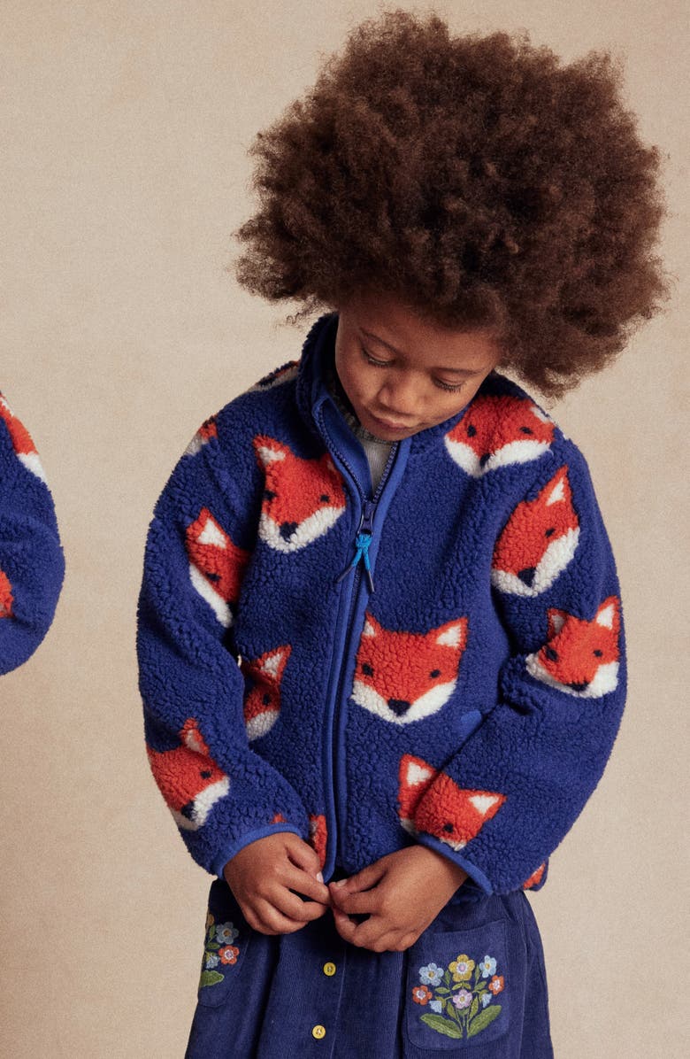 Mini Boden Kids' Fox Print Textured Fleece Jacket, Alternate, color, Sapphire Blue Foxes