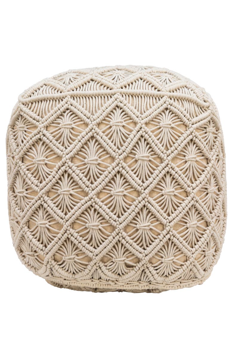 Northlight 18" Beige Handmade Macrame Natural Cotton Square Pouf Ottoman, Main, color, Ivory