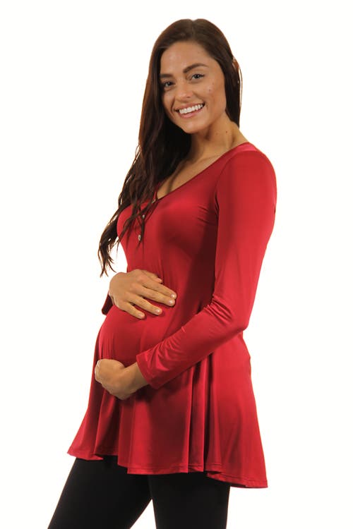 24seven Comfort Apparel Flared Long Sleeve Henley Maternity Top In Burgundy