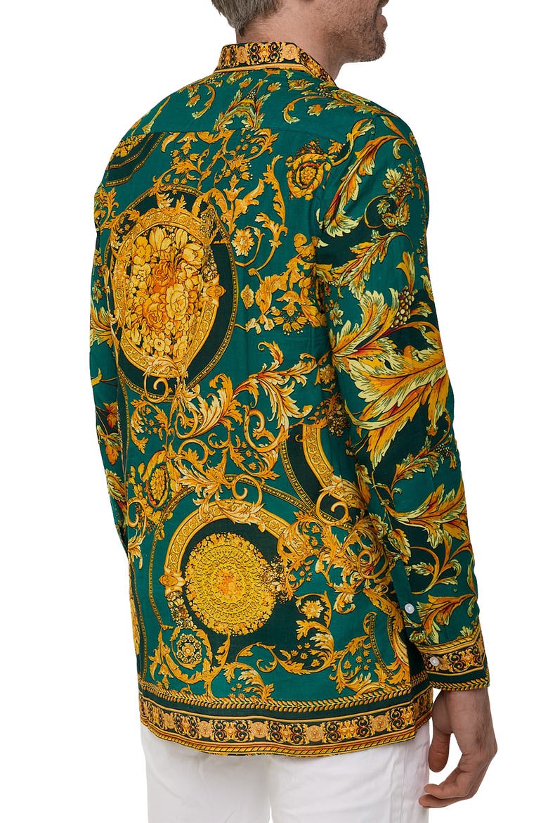 Extra Trim Fit Print Linen & Cotton Button-Up Resort Shirt, Alternate, color, DARK GREN