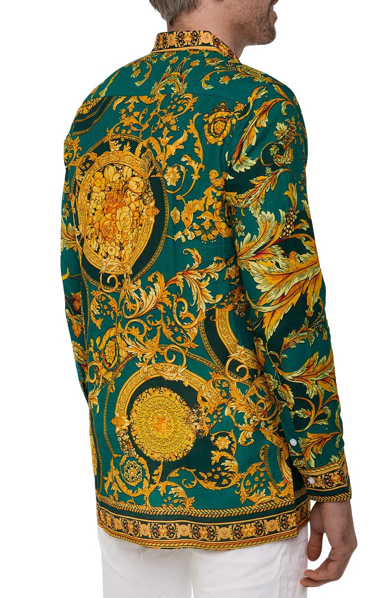 RANEES Extra Trim Fit Print Linen & Cotton Button-Up Resort Shirt, Alternate, color, Dark Gren