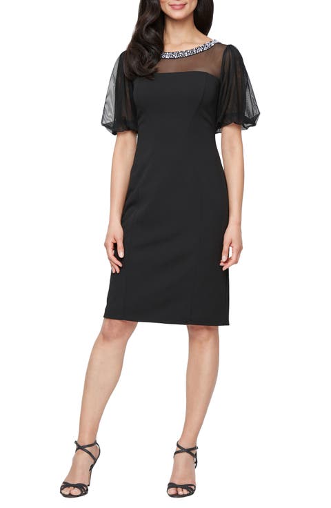 Embellished Illusion Neck Crepe Sheath Cocktail Dress