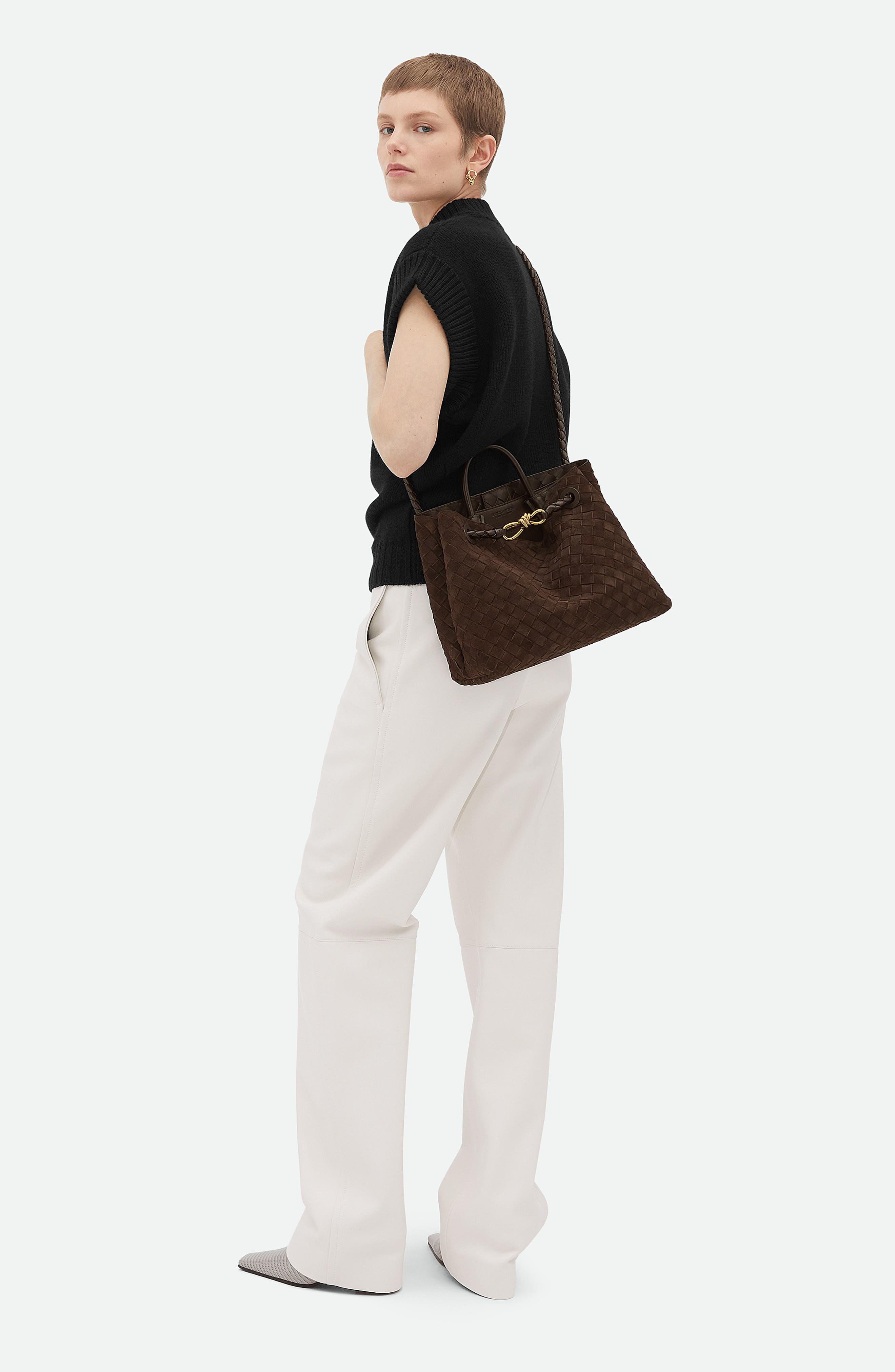 Bottega Veneta Medium Andiamo Intrecciato Suede Shoulder Bag, Alternate, color, Fondant