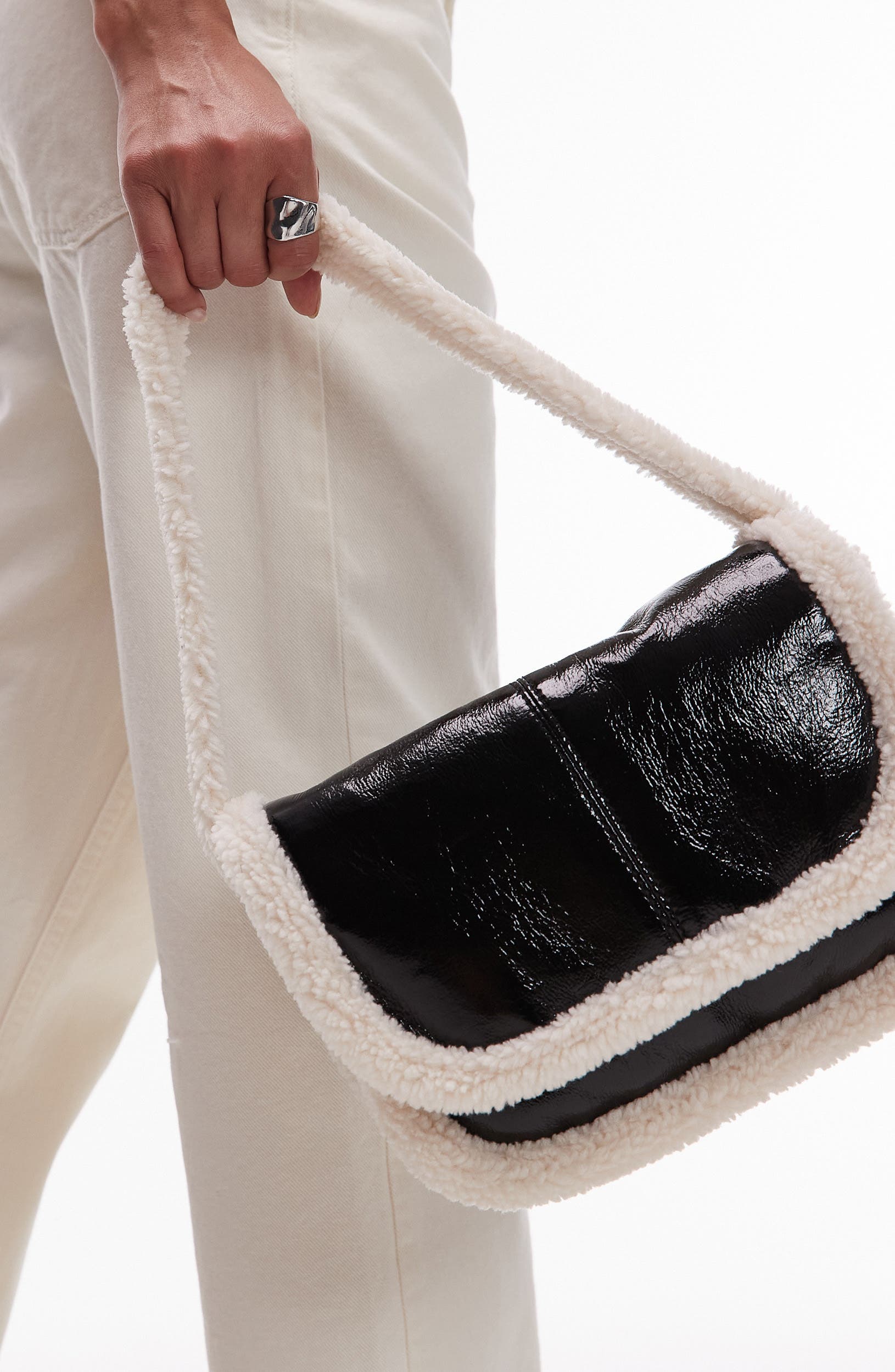 Topshop Faux Shearling Lined Faux Leather Shoulder Bag, Alternate, color, Black