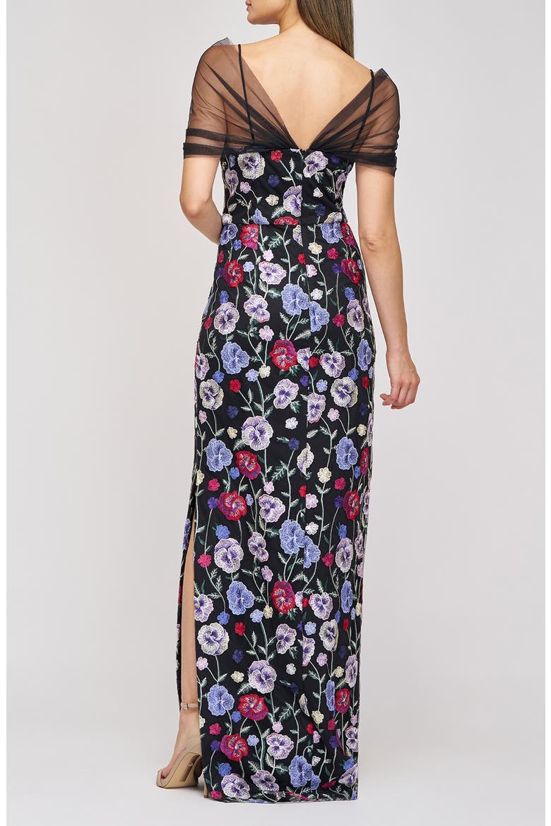 Stormi Floral Embroidery Mesh Sleeve Gown, Alternate, color, BLACK/ MULTI