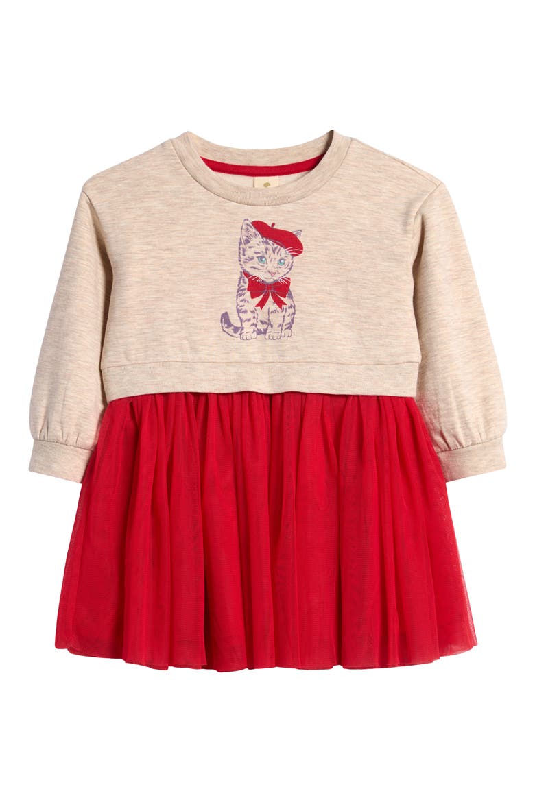 Long Sleeve Tutu Dress, Main, color, BEIGE LIGHT HEATHER CAT- RED