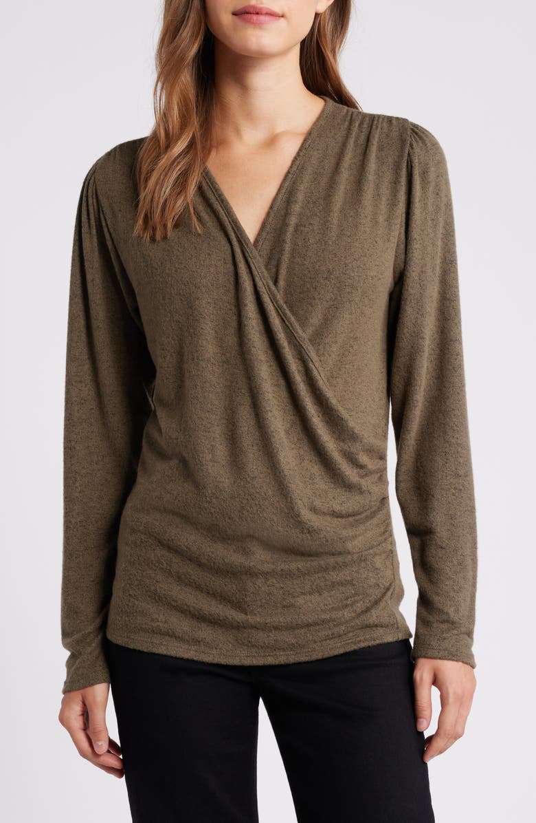 Loveappella Long Sleeve Faux Wrap Top, Main, color, Olive