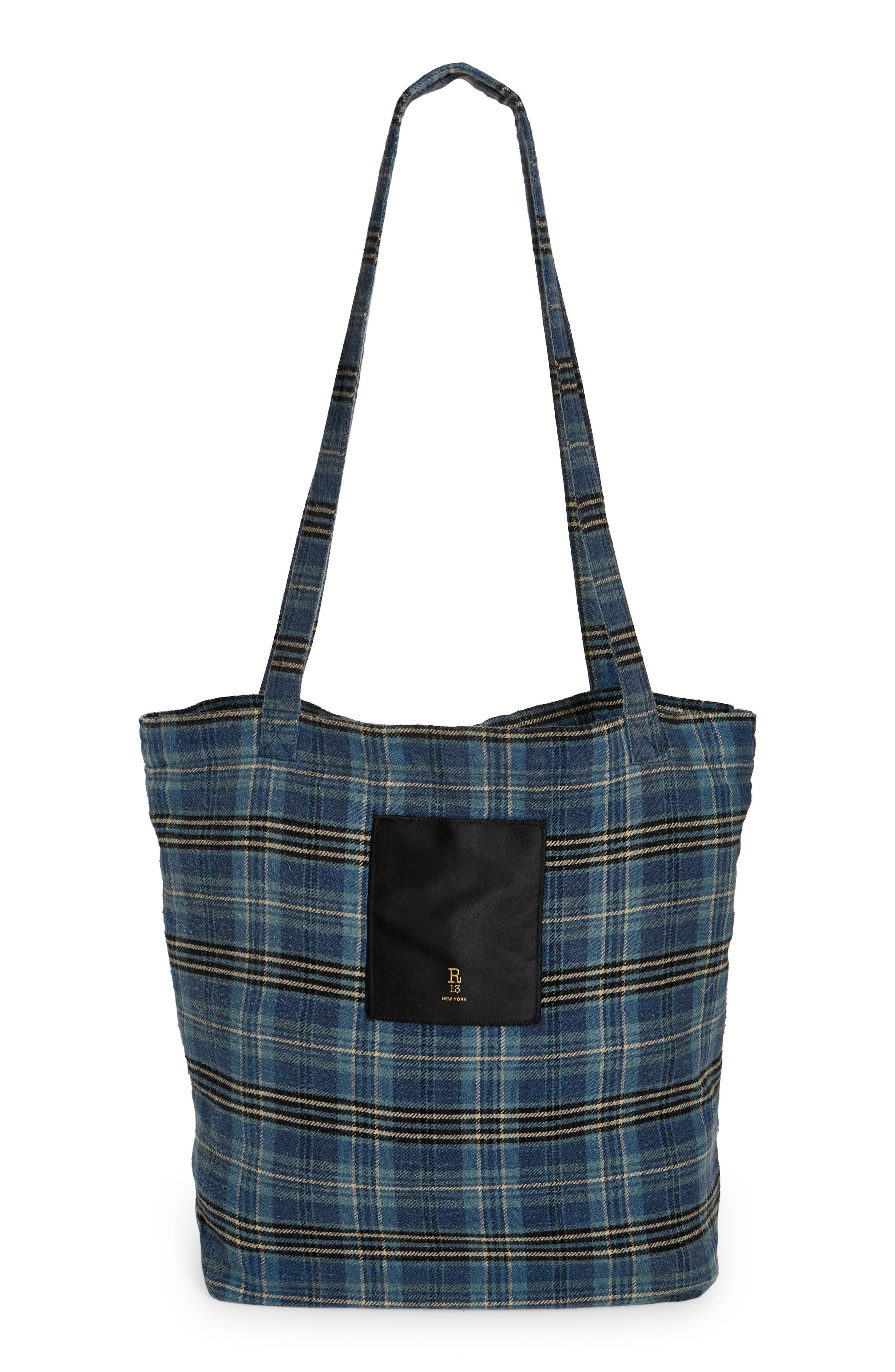 R13 Medium Plaid Cotton Flannel Tote, Main, color, 