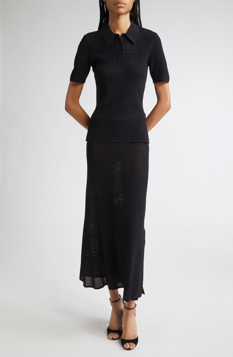 Victoria Beckham Chevron Pointelle Polo Sweater, Alternate, color, Black