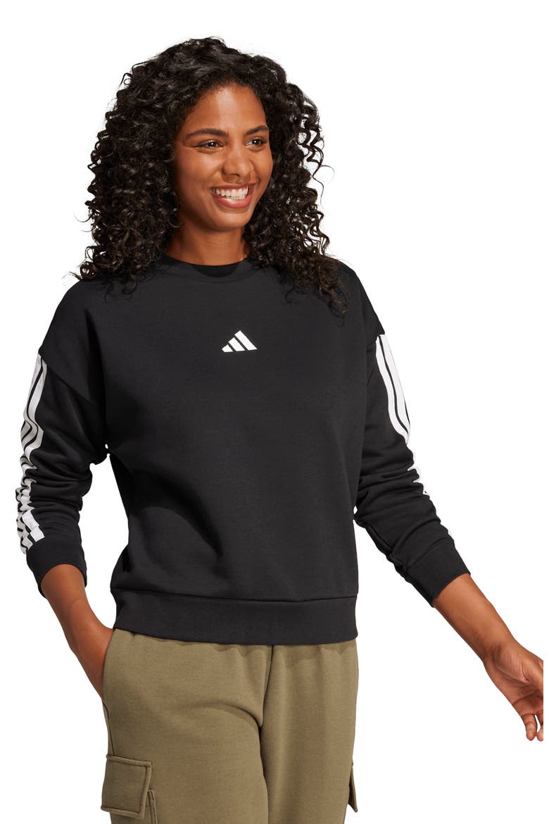 Essentials 3-Stripes Fleece Sweatshirt, Alternate, color, BLACK/ WHITE