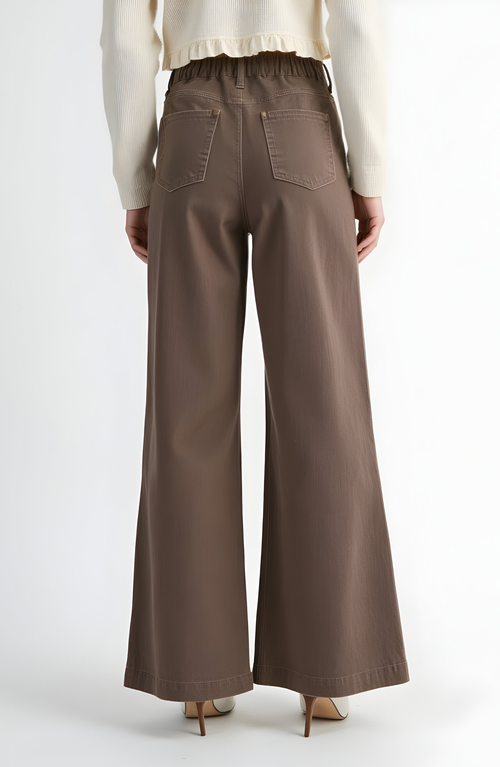 Modenaire High-waist Wide-leg Front-pleated Side-pocket Pants In Brown