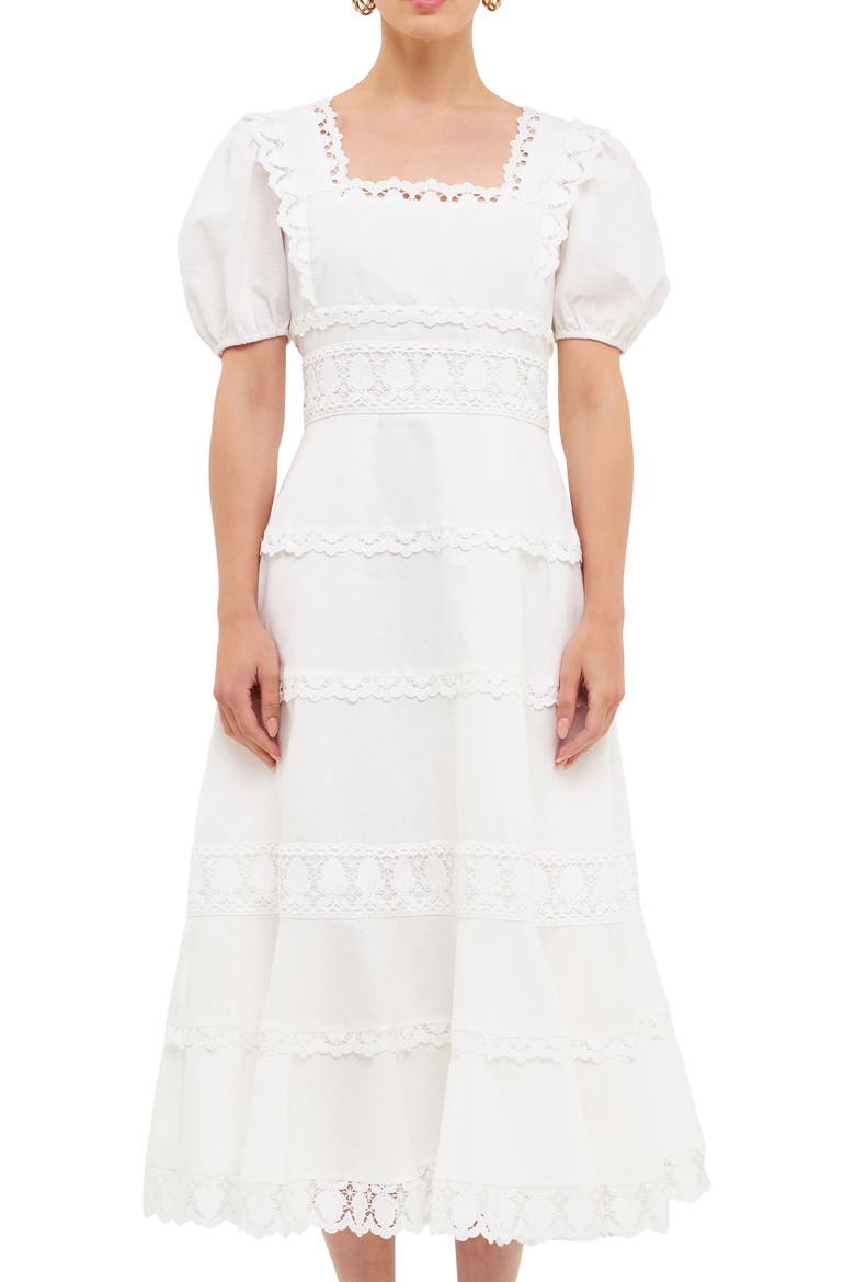 Lace Trim Tiered Cotton & Linen Midi Dress, Alternate, color, WHITE