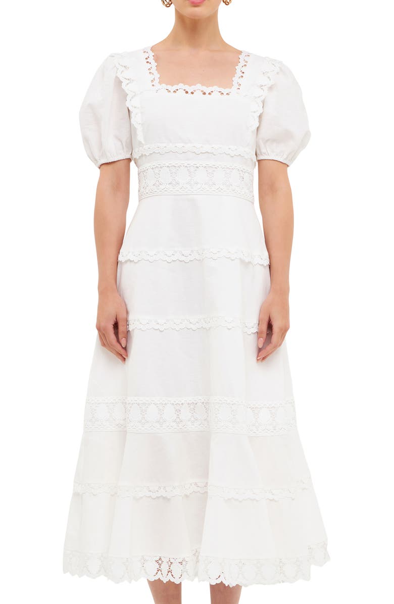 Endless Rose Lace Trim Tiered Cotton & Linen Midi Dress, Alternate, color,