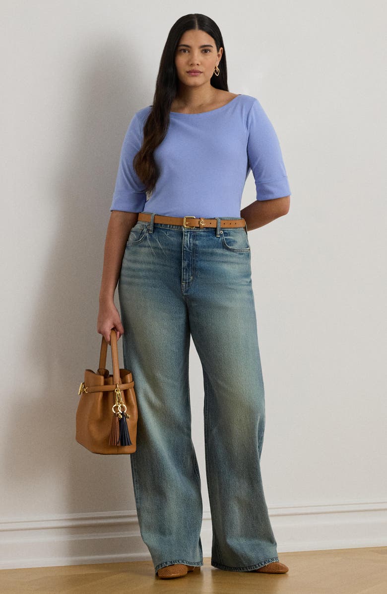 Lauren Ralph Lauren Judy Elbow Sleeve Boat Neck Stretch Cotton Top, Alternate, color, Banker Blue