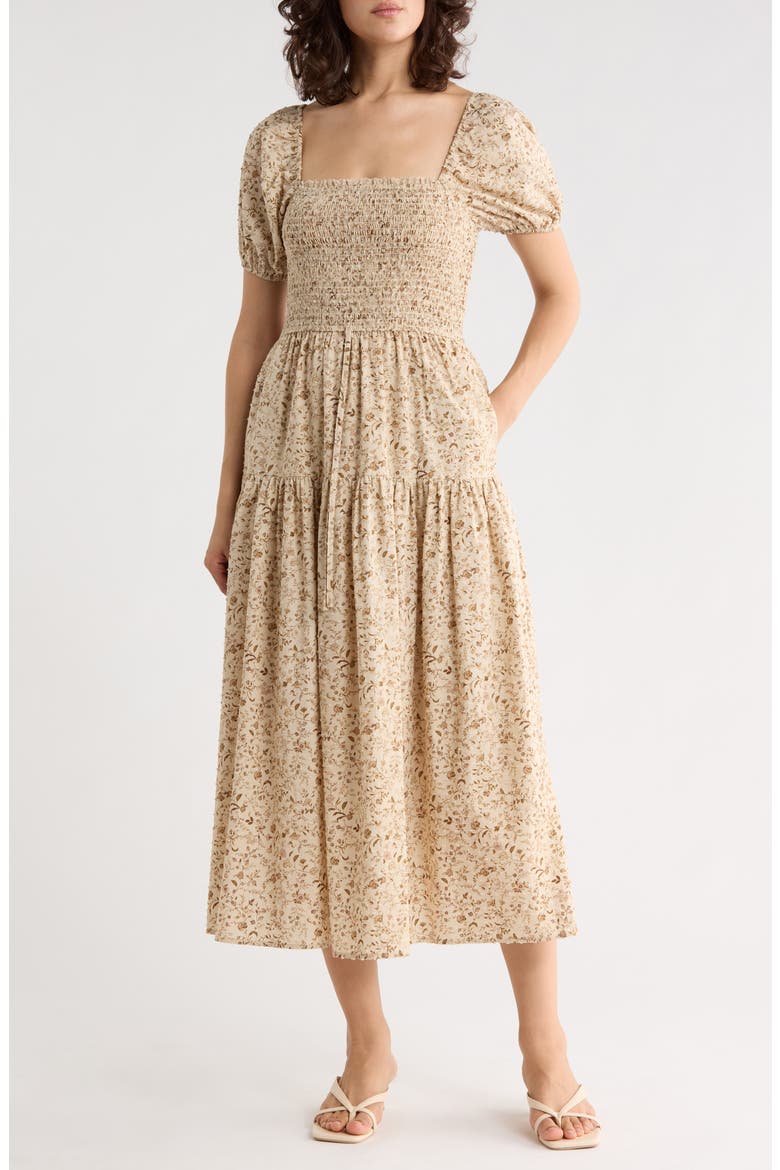 Floral Smocked Midi Dress, Main, color, LIGHT KHAKI