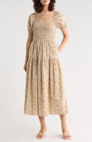 AUGUST SKY Floral Smocked Midi Dress