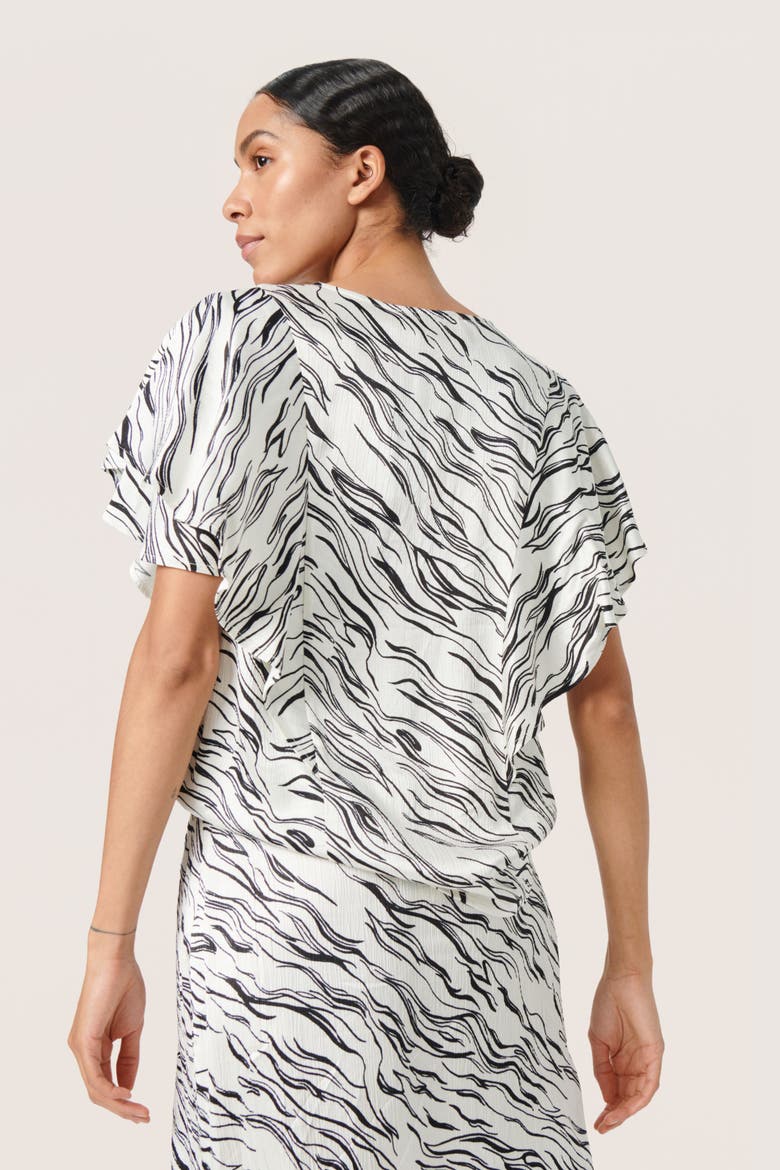 Vinka Ruffle Sleeve Round Neck Blouse, Alternate, color, White/Black Wave Print
