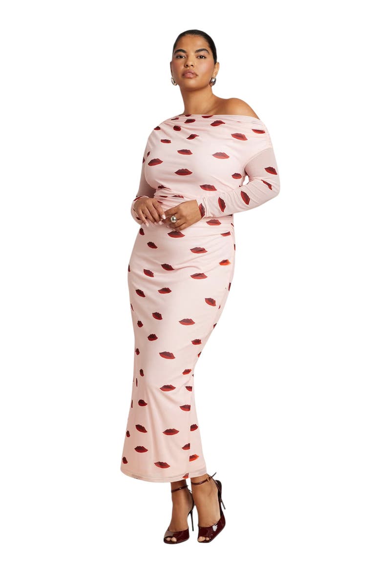 Asym Neck Printed Mesh Dress, Main, color, ROUGE LOVERS