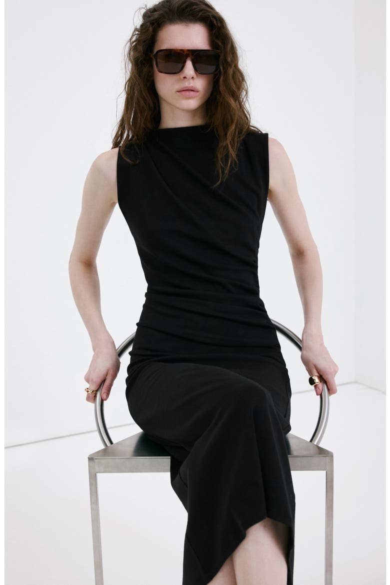 Ruched Sleeveless Midi Dress, Alternate, color, BLACK