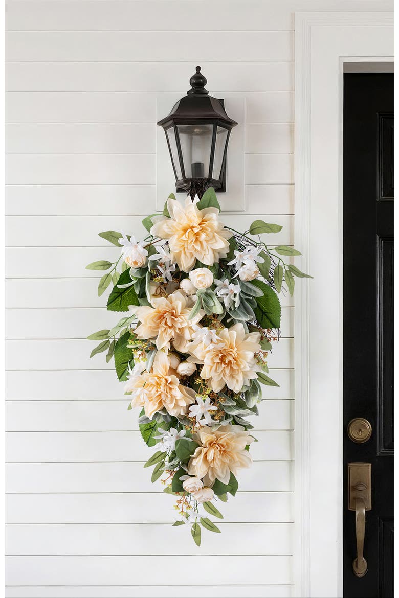 28"H Peach Dahlia Artificial Floral Teardrop, Alternate, color, Beige