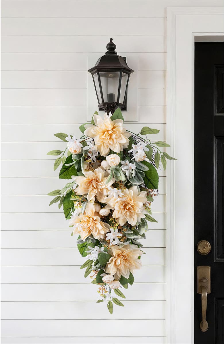 Glitzhome 28"H Peach Dahlia Artificial Floral Teardrop, Alternate, color, Beige