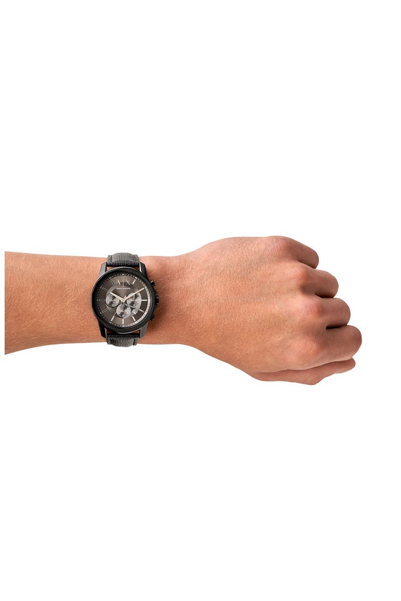 Chronograph Leather Watch, 44mm, Alternate, color, BLACK