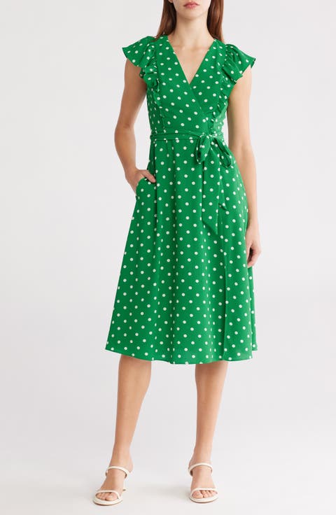 Polka Dot Flutter Sleeve Fit & Flare Dress