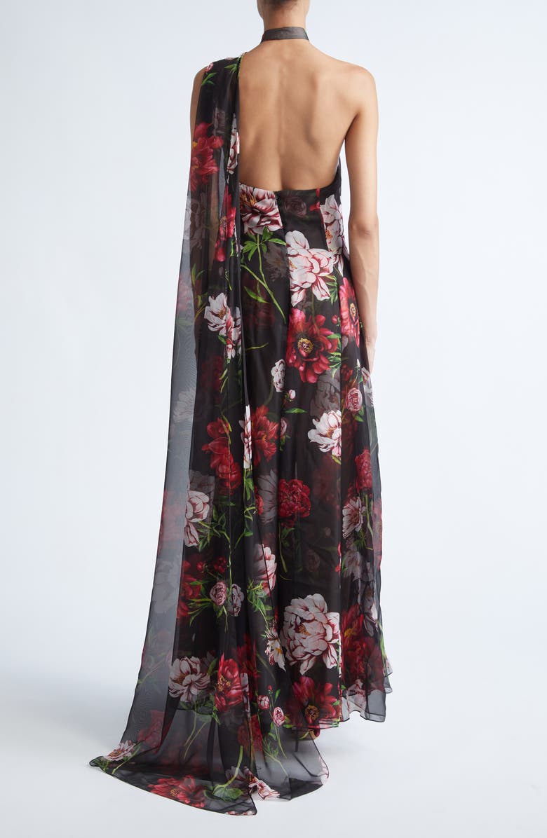 Oscar de la Renta Peony Print Silk Chiffon Halter Gown, Alternate, color, Brown Multi