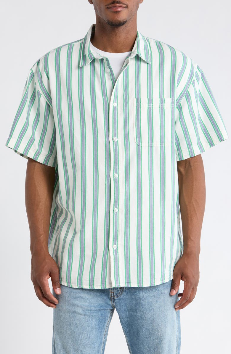 Vans Lawson Stripe Short Sleeve Cotton & Linen Button-Up Shirt, Alternate, color, White-Vivid Verdant