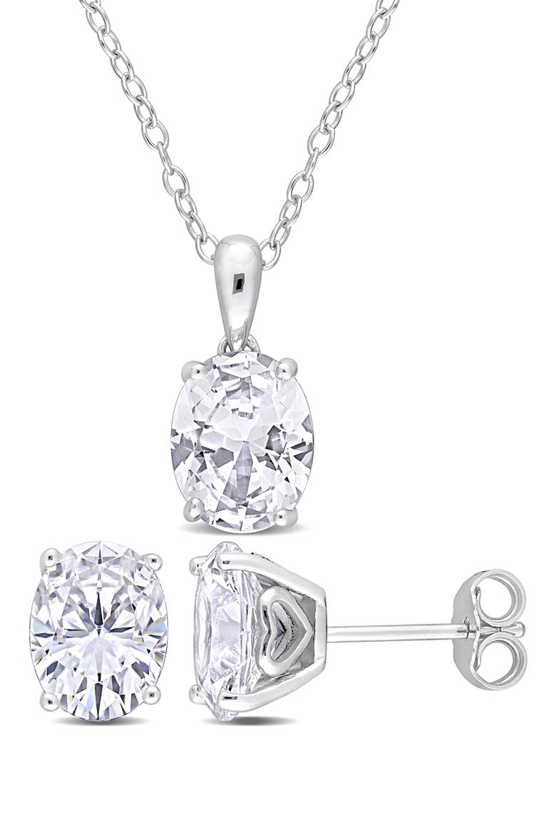 Oval Cut Lab Created White Sapphire Pendant Necklace & Stud Earrings, Main, color, SILVER