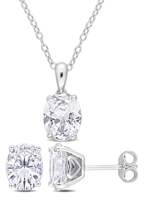 Oval Cut Lab Created White Sapphire Pendant Necklace & Stud Earrings