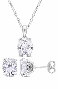 DELMAR Oval Cut Lab Created White Sapphire Pendant Necklace & Stud Earrings