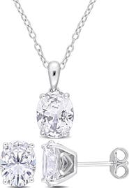 DELMAR Oval Cut Lab Created White Sapphire Pendant Necklace & Stud Earrings