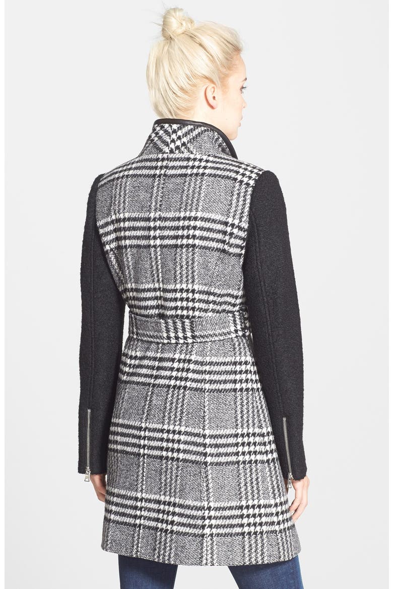 Bouclé Sleeve Plaid Wrap Coat, Alternate, color, BLACK/WHITE PLAID