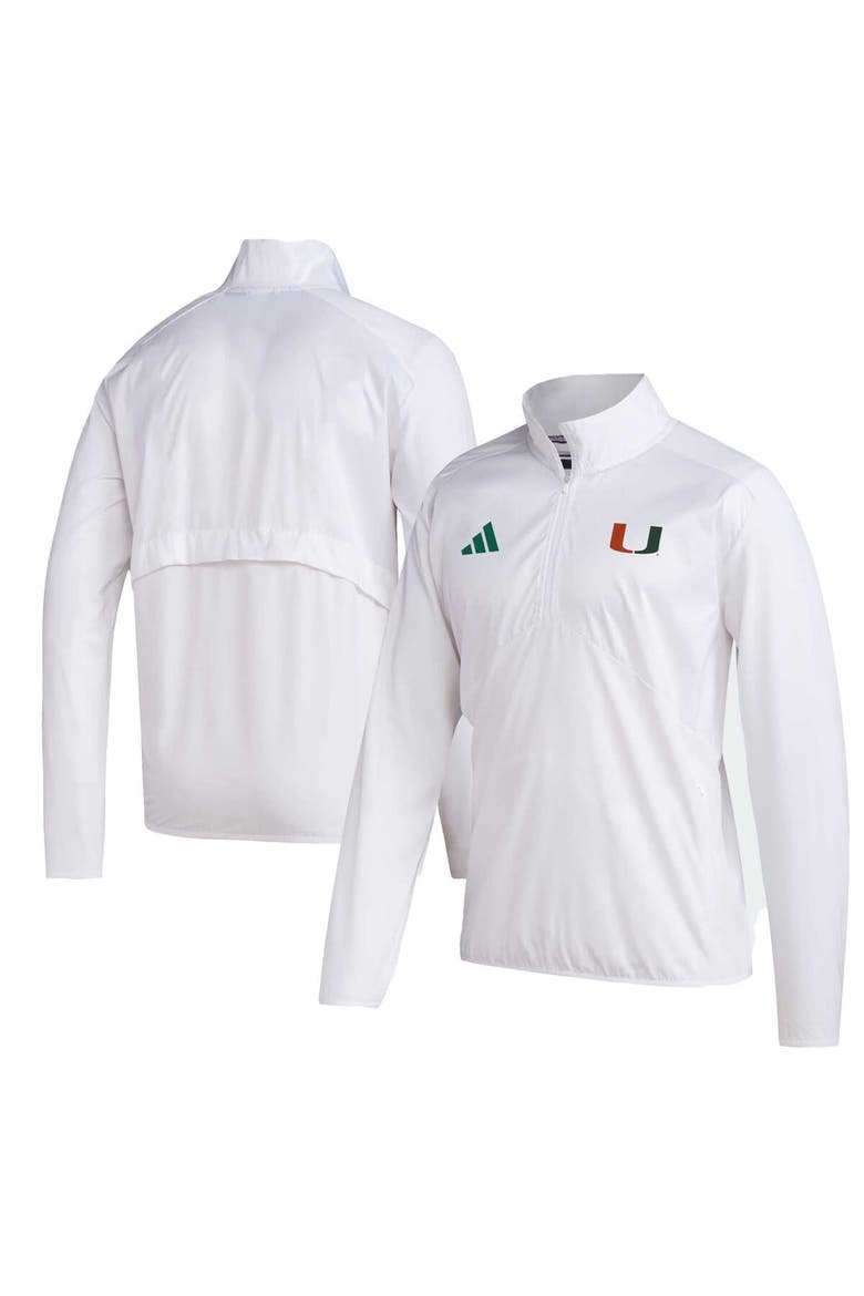 Men's adidas White Miami Hurricanes Sideline AEROREADY Raglan Sleeve Quarter-Zip Jacket, Main, color, White