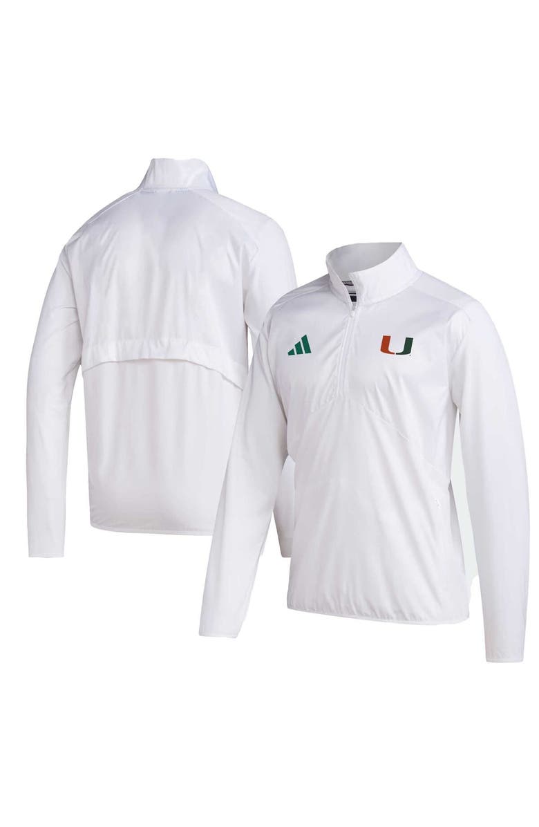 adidas Men's adidas White Miami Hurricanes Sideline AEROREADY Raglan Sleeve Quarter-Zip Jacket, Main, color,