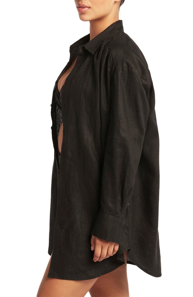 Sea Level Linen Button-Up Cover-Up Shirtdress, Alternate, color,