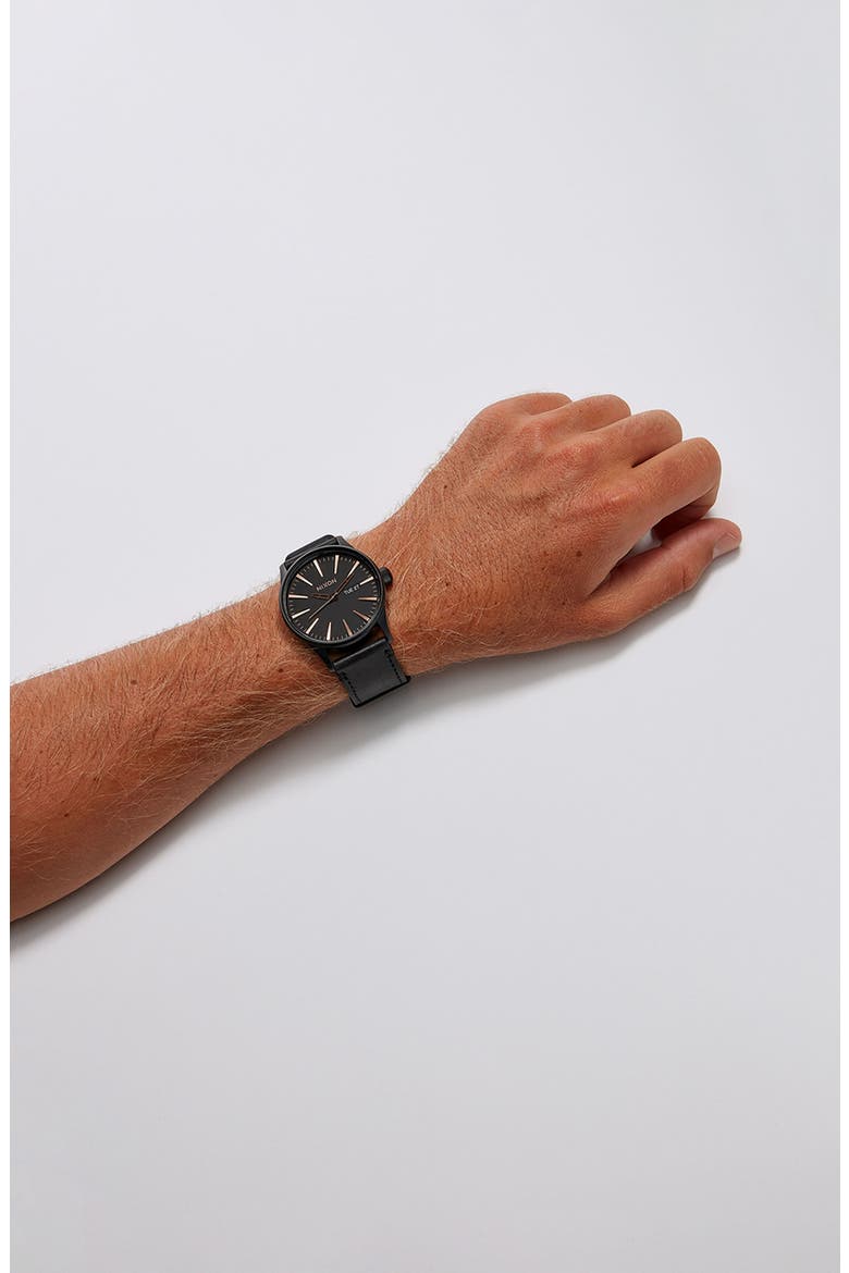 The Sentry Leather Strap Watch, 42mm, Alternate, color, MATTE BLACK / GOLD