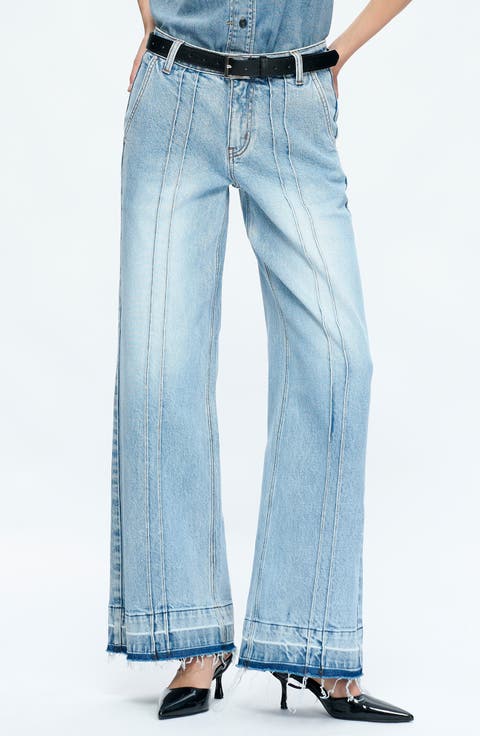 Jermy Seamed High Waist Raw Hem Wide Leg Jeans (Iceberg Blue)