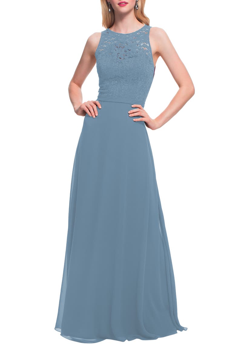 Lace Bodice Chiffon A-Line Gown, Main, color, SLATE