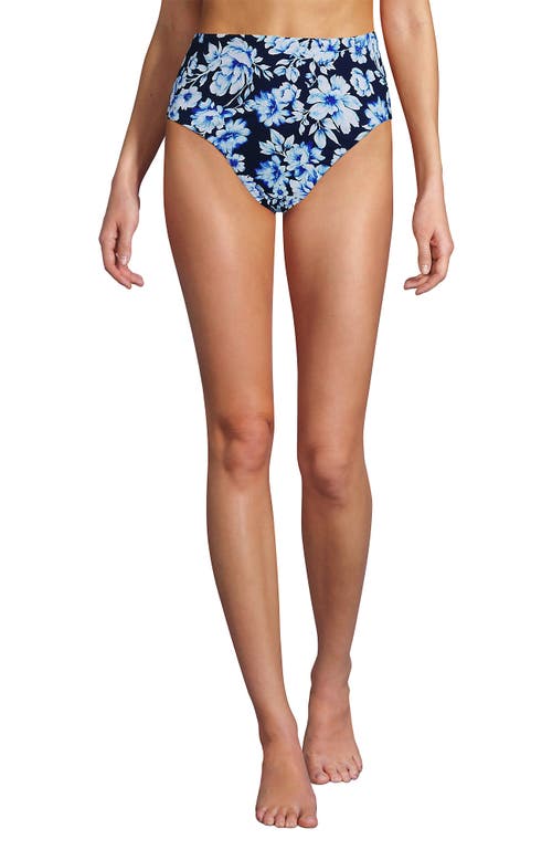 Lands' End Ribbed Smoothing High Waisted Bikini Bottoms In Blue