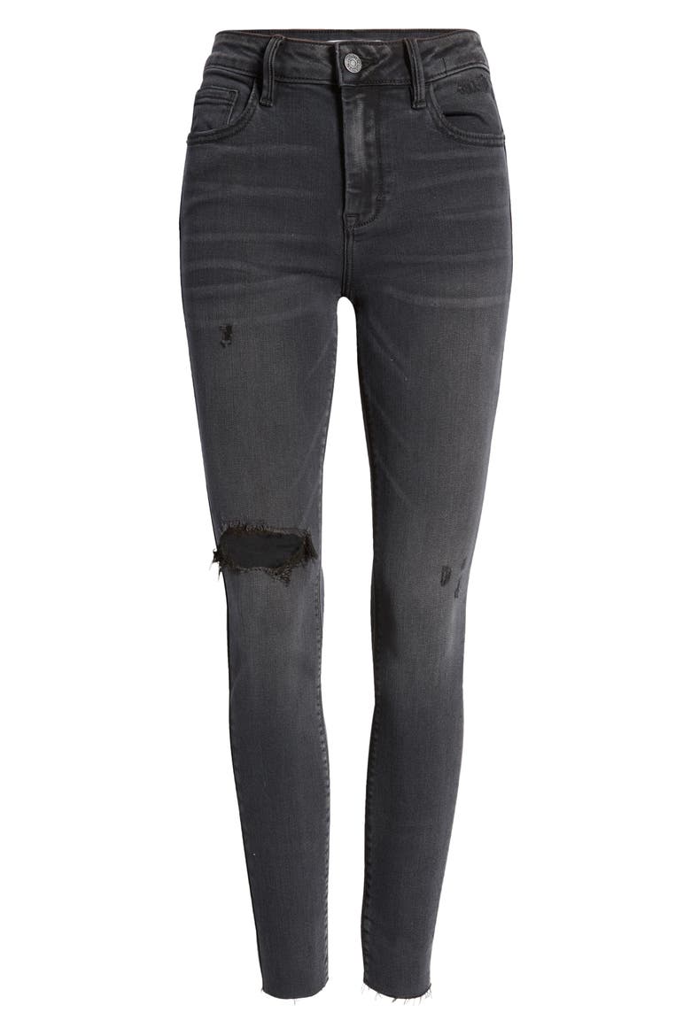Distressed High Waist Raw Hem Skinny Jeans, Alternate, color, BLACK