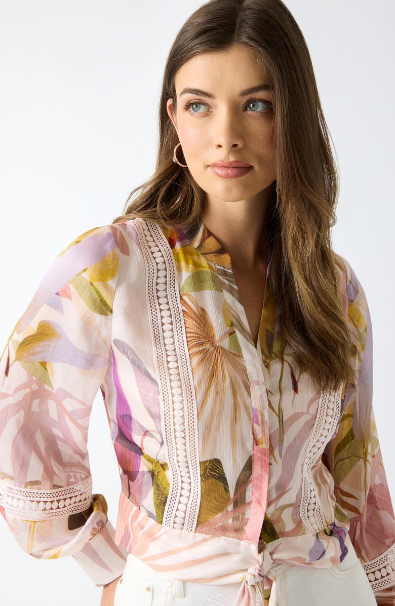 GUESS Zahara Print Tie Front Shirt, Alternate, color, Palm Print
