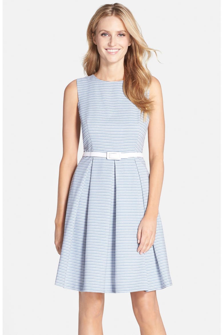 Belted Stripe Ottoman Fit & Flare Dress, Main, color, DENIM/ WHITE