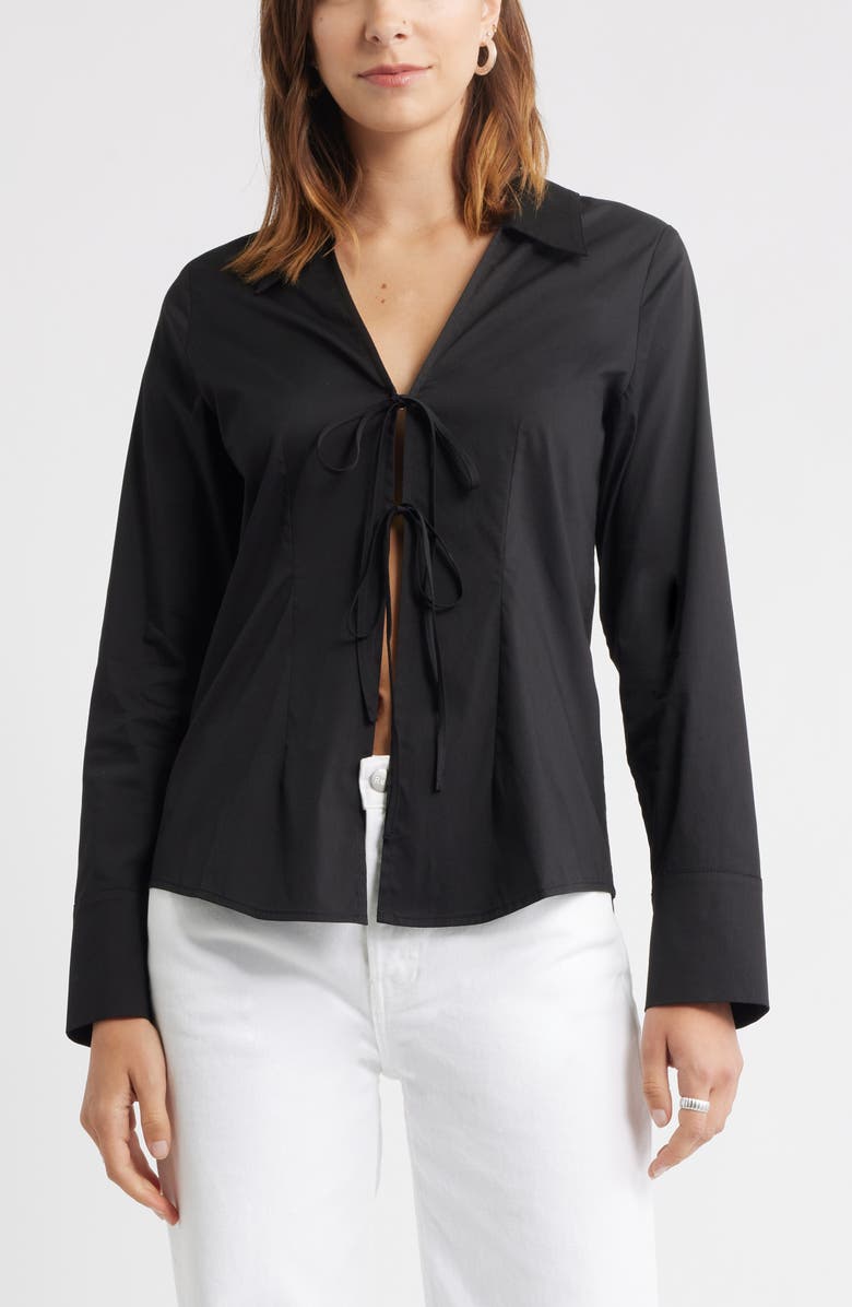 Open Edit Tie Front Cotton Blend Poplin Shirt, Main, color, Black